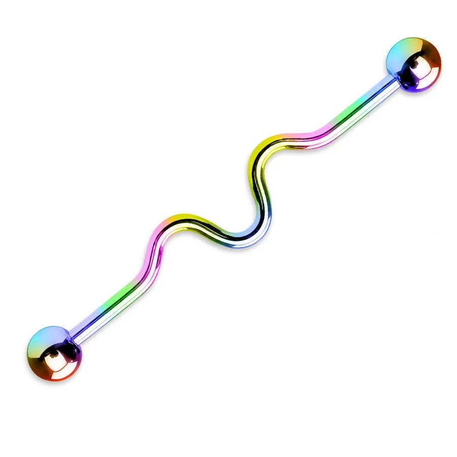 14GA Titanium IP Over Surgical Steel Wavy Industrial Barbells - Rainbow/Multi