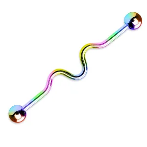 14GA Titanium IP Over Surgical Steel Wavy Industrial Barbells - Rainbow/Multi