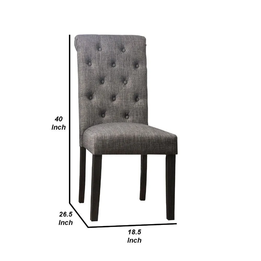 27 Inch Fabric Dining Chair, Button Tufted Rolled Back, Wood, Gray By Casagear Home