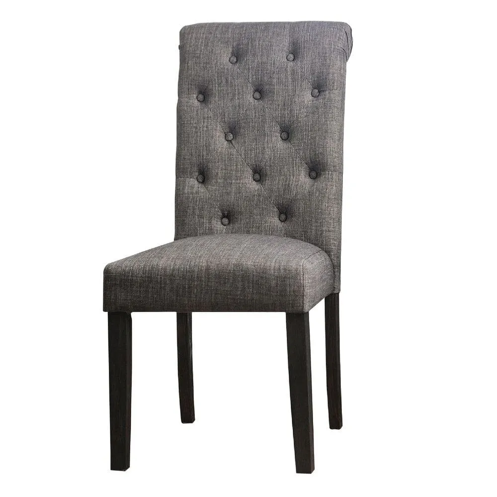 27 Inch Fabric Dining Chair, Button Tufted Rolled Back, Wood, Gray By Casagear Home