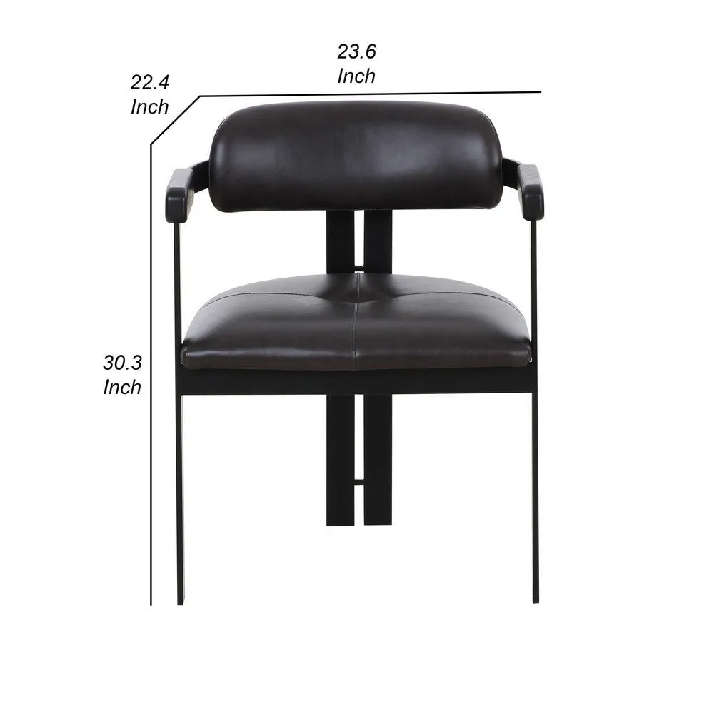 Anta Dining Chair, Black Iron Slats Back, Dark Brown Genuine Leather By Casagear Home