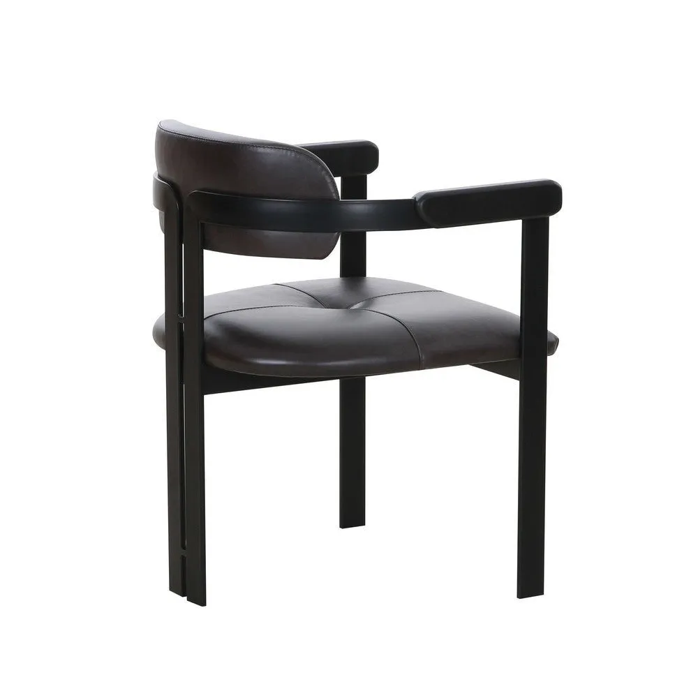 Anta Dining Chair, Black Iron Slats Back, Dark Brown Genuine Leather By Casagear Home