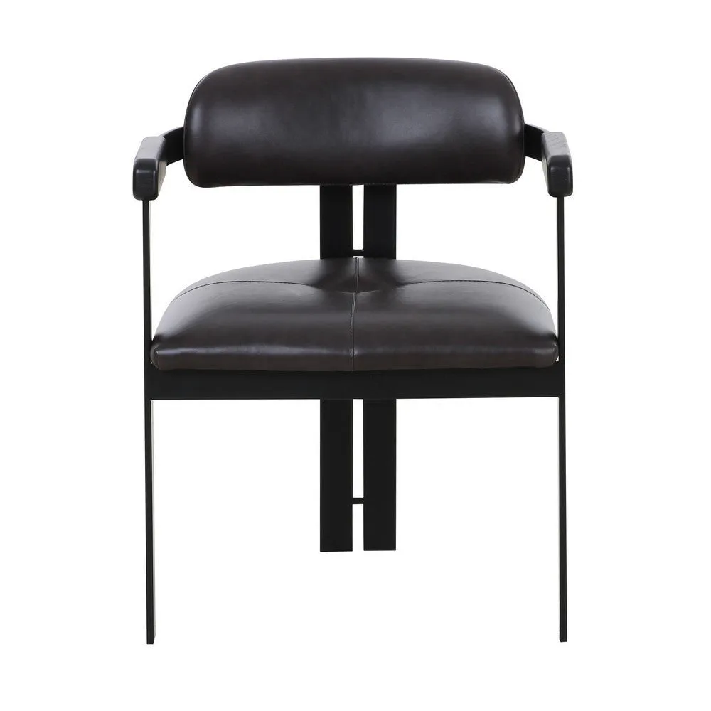 Anta Dining Chair, Black Iron Slats Back, Dark Brown Genuine Leather By Casagear Home