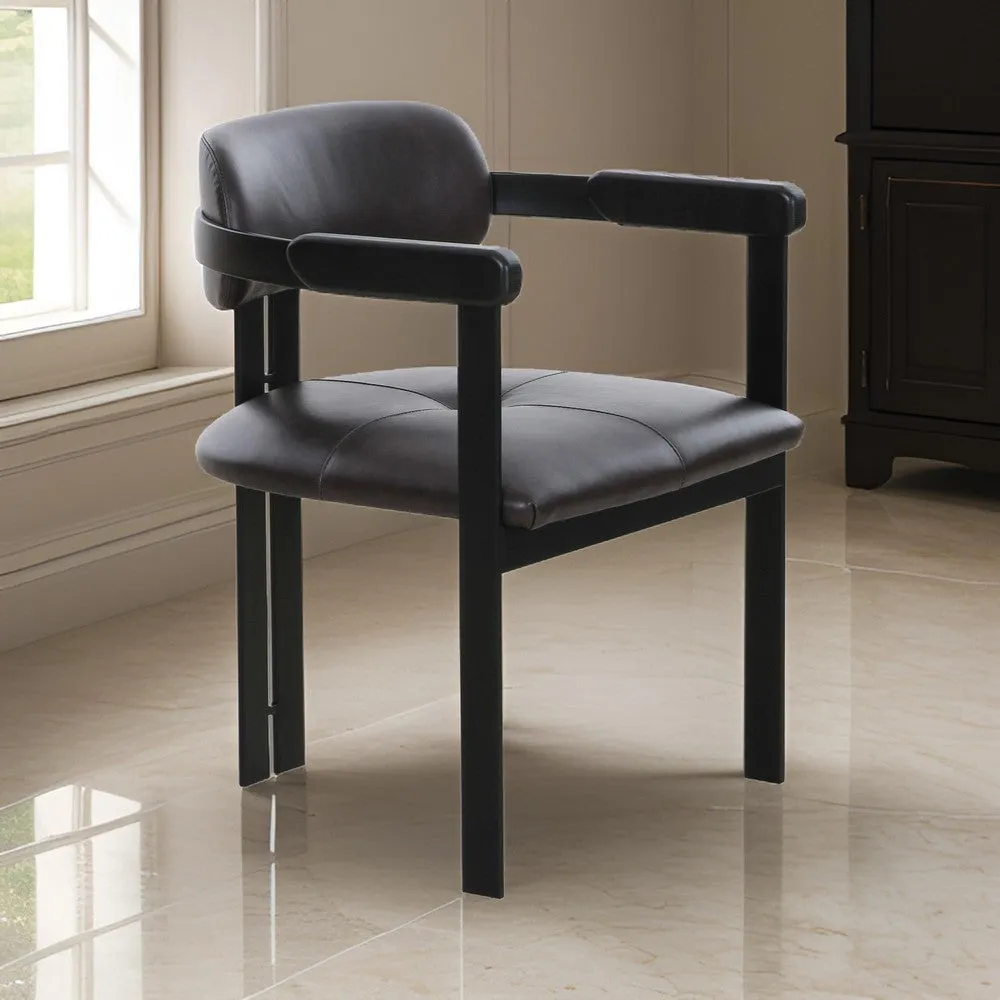 Anta Dining Chair, Black Iron Slats Back, Dark Brown Genuine Leather By Casagear Home