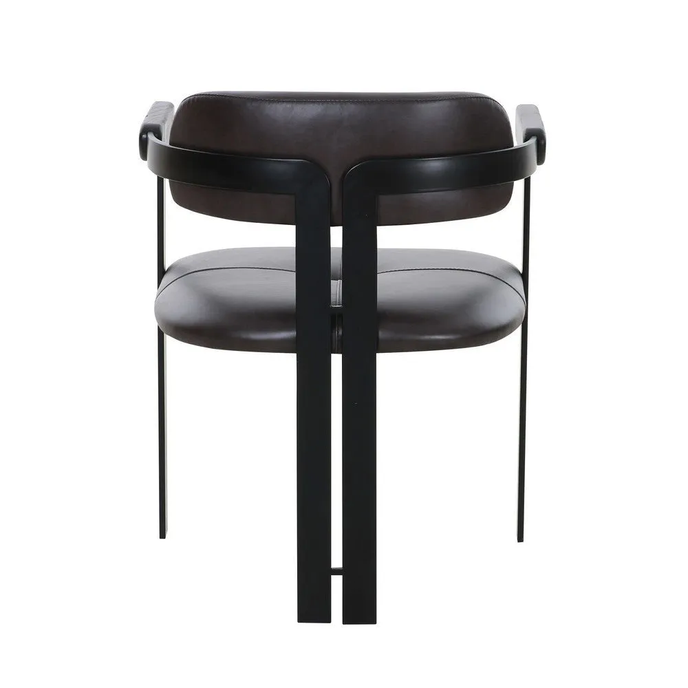 Anta Dining Chair, Black Iron Slats Back, Dark Brown Genuine Leather By Casagear Home