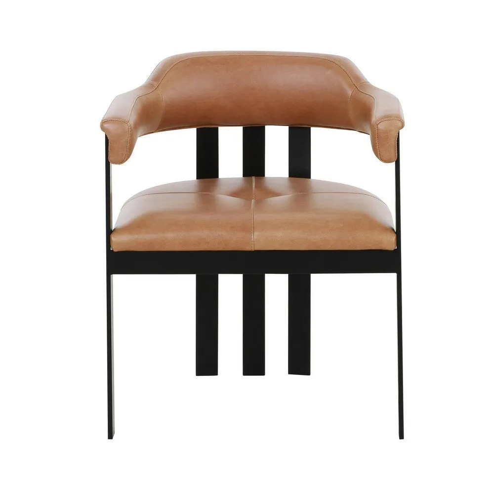 Anta Dining Chair, Black Iron Slatted Back, Plush Brown Genuine Leather By Casagear Home