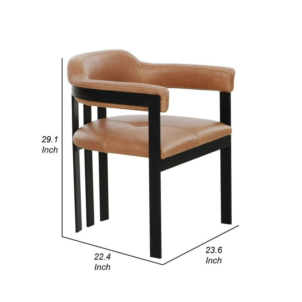Anta Dining Chair, Black Iron Slatted Back, Plush Brown Genuine Leather By Casagear Home