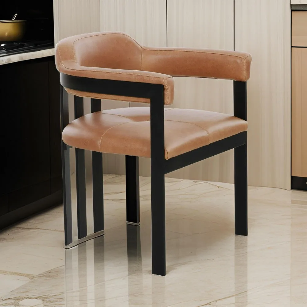 Anta Dining Chair, Black Iron Slatted Back, Plush Brown Genuine Leather By Casagear Home