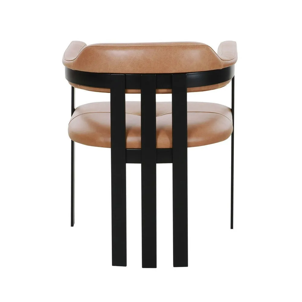 Anta Dining Chair, Black Iron Slatted Back, Plush Brown Genuine Leather By Casagear Home
