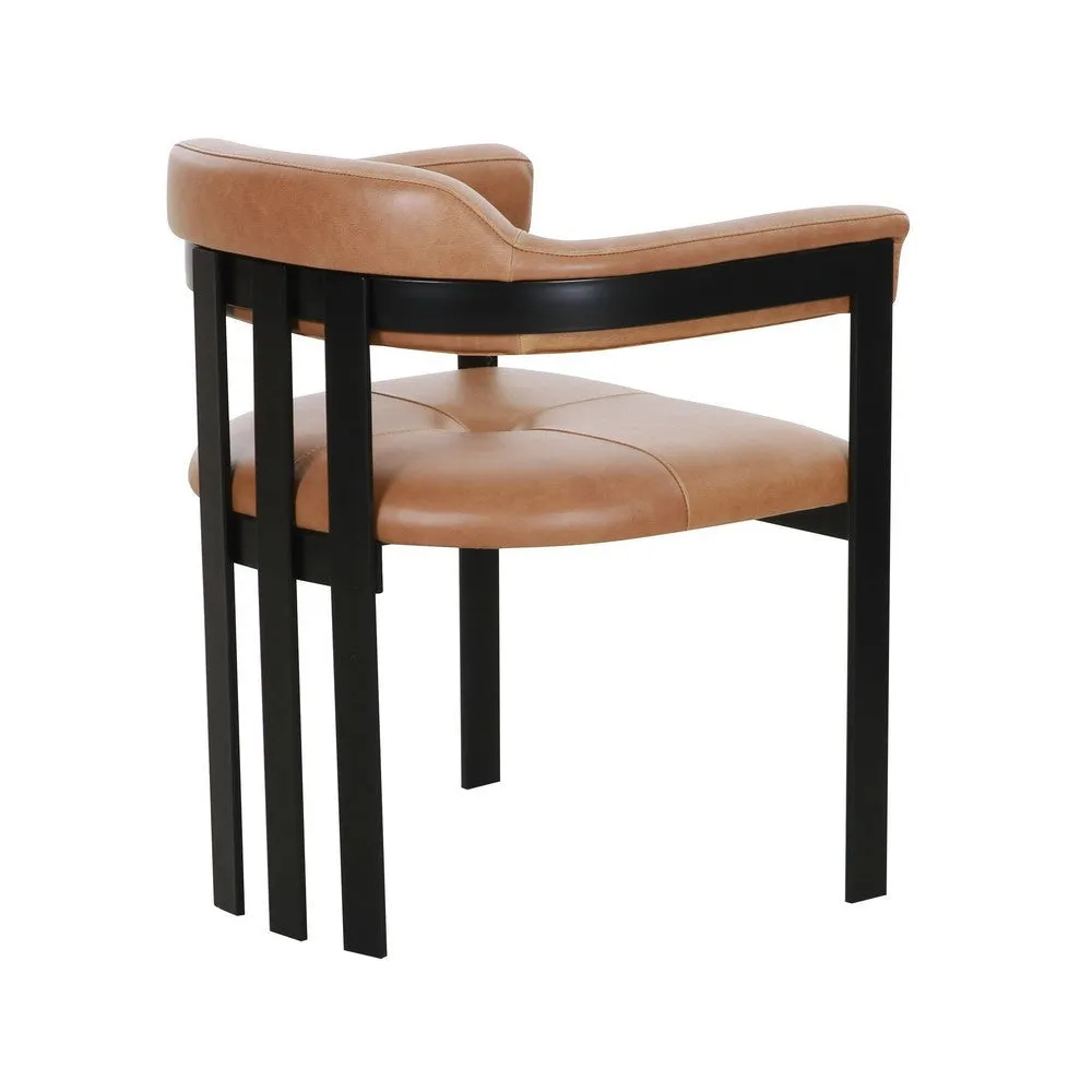 Anta Dining Chair, Black Iron Slatted Back, Plush Brown Genuine Leather By Casagear Home