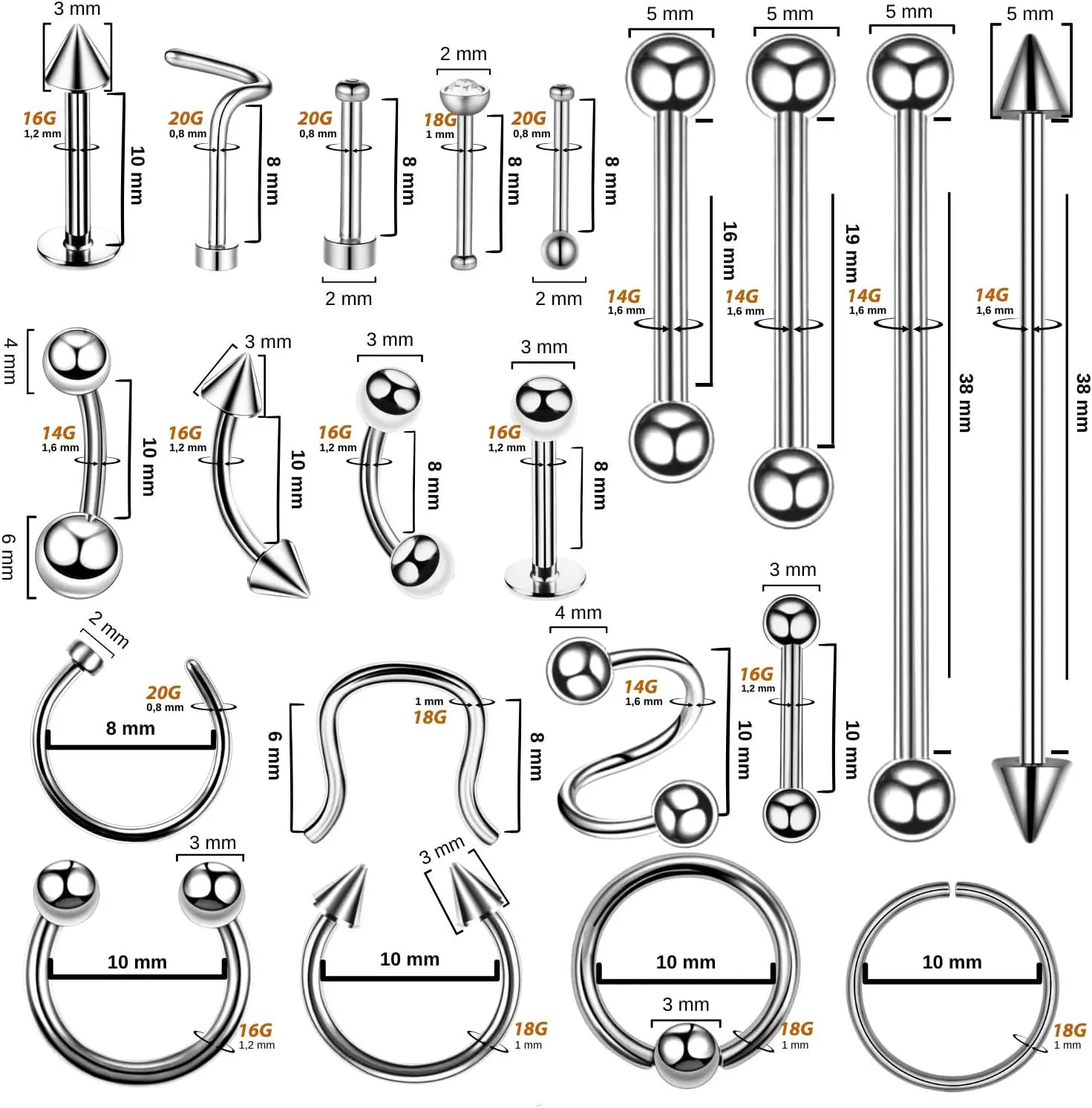 BodyJ4You 120PC Body Piercing Jewelry Kit - CBR BCR Rings Barbells Studs Screws Curved Bars - Belly Button Cartilage Tragus Nose Septum Tongue - 14G 16G 18G 20G Stainless Steel Random Bulk Set