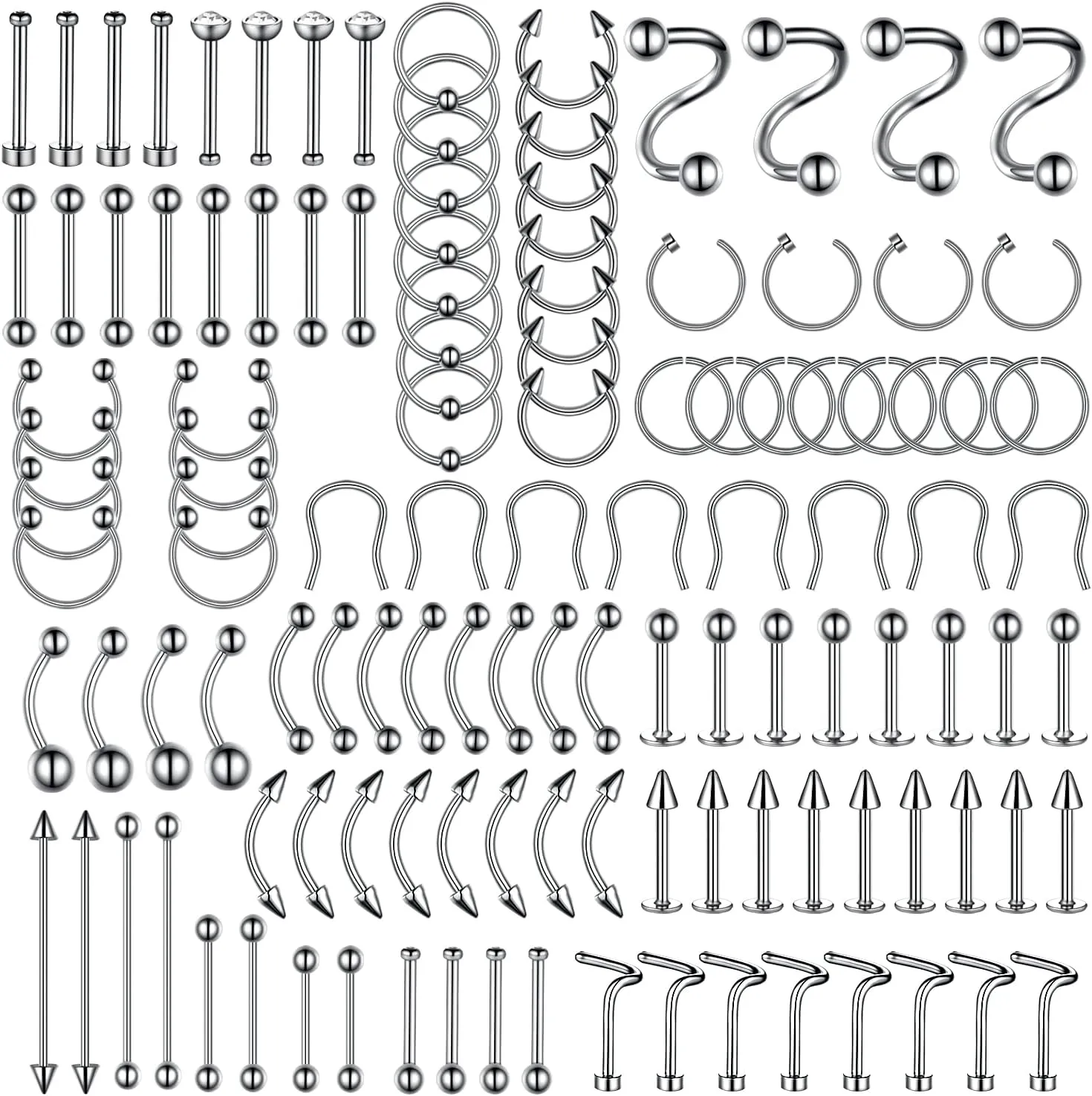 BodyJ4You 120PC Body Piercing Jewelry Kit - CBR BCR Rings Barbells Studs Screws Curved Bars - Belly Button Cartilage Tragus Nose Septum Tongue - 14G 16G 18G 20G Stainless Steel Random Bulk Set
