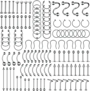 BodyJ4You 120PC Body Piercing Jewelry Kit - CBR BCR Rings Barbells Studs Screws Curved Bars - Belly Button Cartilage Tragus Nose Septum Tongue - 14G 16G 18G 20G Stainless Steel Random Bulk Set