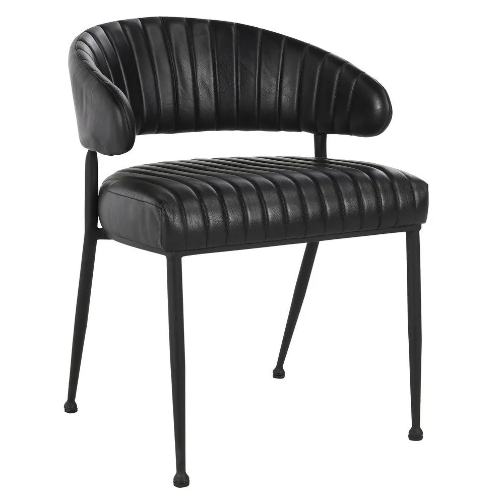Bri 23 Inch Dining Chair, Curved, Padded, Tufted Black Leather, Iron By Casagear Home