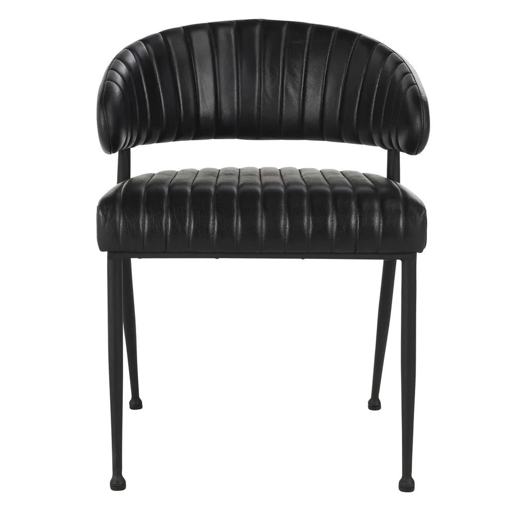 Bri 23 Inch Dining Chair, Curved, Padded, Tufted Black Leather, Iron By Casagear Home
