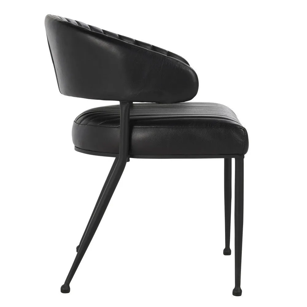 Bri 23 Inch Dining Chair, Curved, Padded, Tufted Black Leather, Iron By Casagear Home