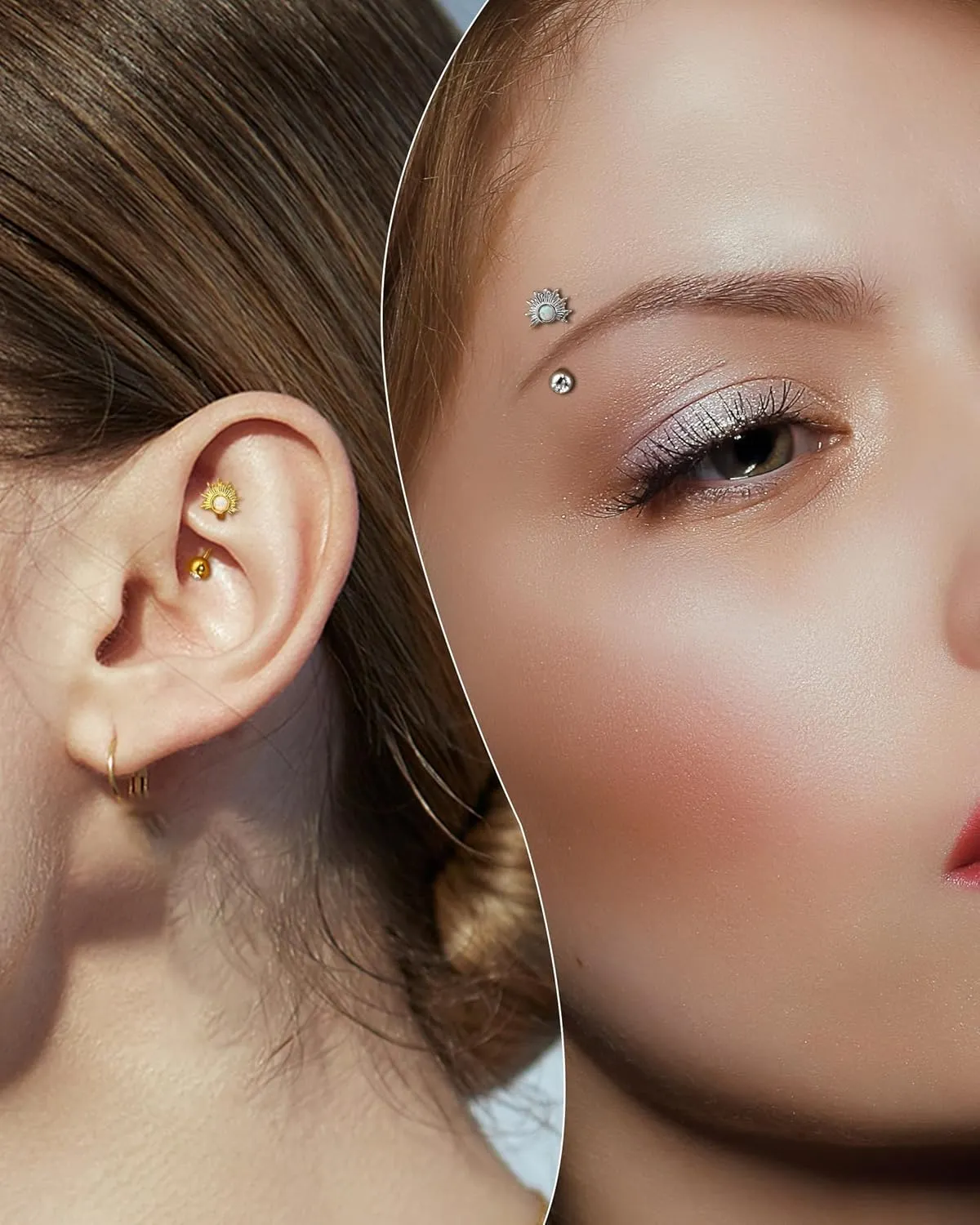 Cocharm Cute Half Sun Opal Rook Earrings - 16g Gold, 8mm Silver Barbells