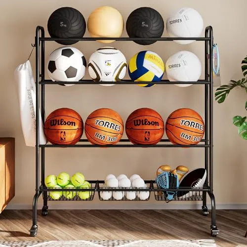 INGIORDAR Sport Equipment Garage Organization Storage Four Layer Organizer Basketball Rack With Hooks Wheels for Gym Indoor Outdoor (Black)
