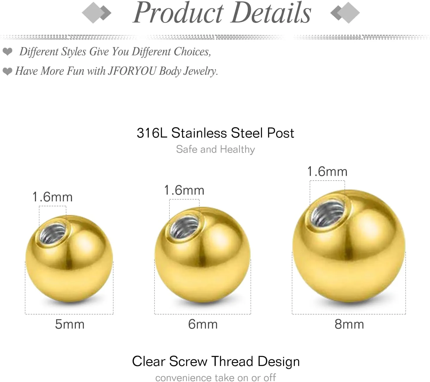 JFORYOU 14G Replacement Balls for Piercing Jewelry 18Pcs Externally Threaded Surgical Steel Balls Industrial Barbell Tongue Nipple Navel Belly Button Piercing Rings Parts 5MM-8MM