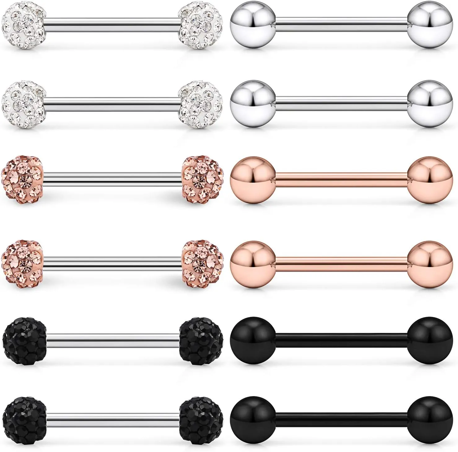 Lcolyoli 12-16Pcs 16G 14G Surgical Steel Tongue Ring Nipple Shield Barbell Ring Bar Nipplerings Body Piercing Jewelry for Women Men
