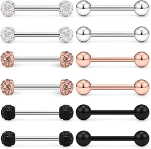 Lcolyoli 12-16Pcs 16G 14G Surgical Steel Tongue Ring Nipple Shield Barbell Ring Bar Nipplerings Body Piercing Jewelry for Women Men