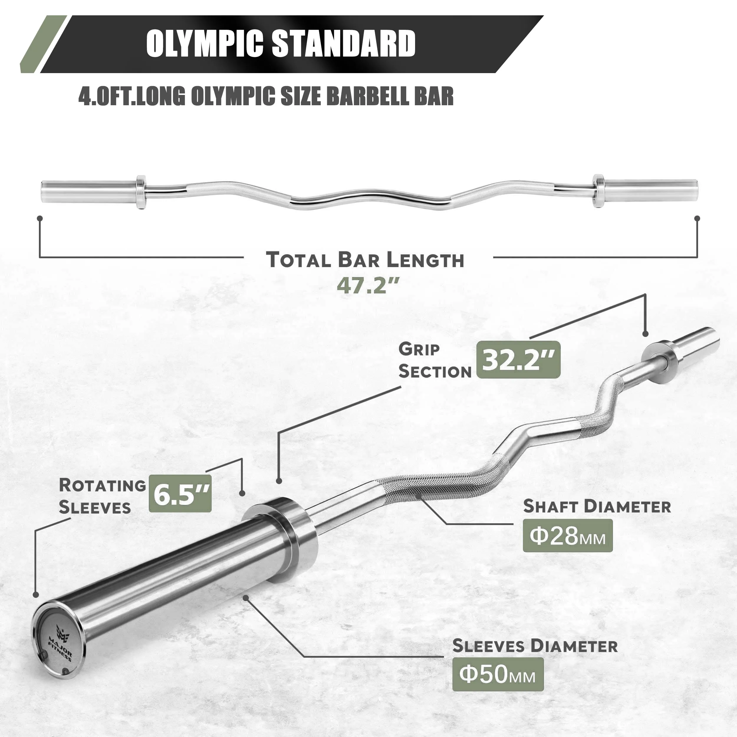 MAJOR FITNESS 4ft Olympic EZ Curl Barbell