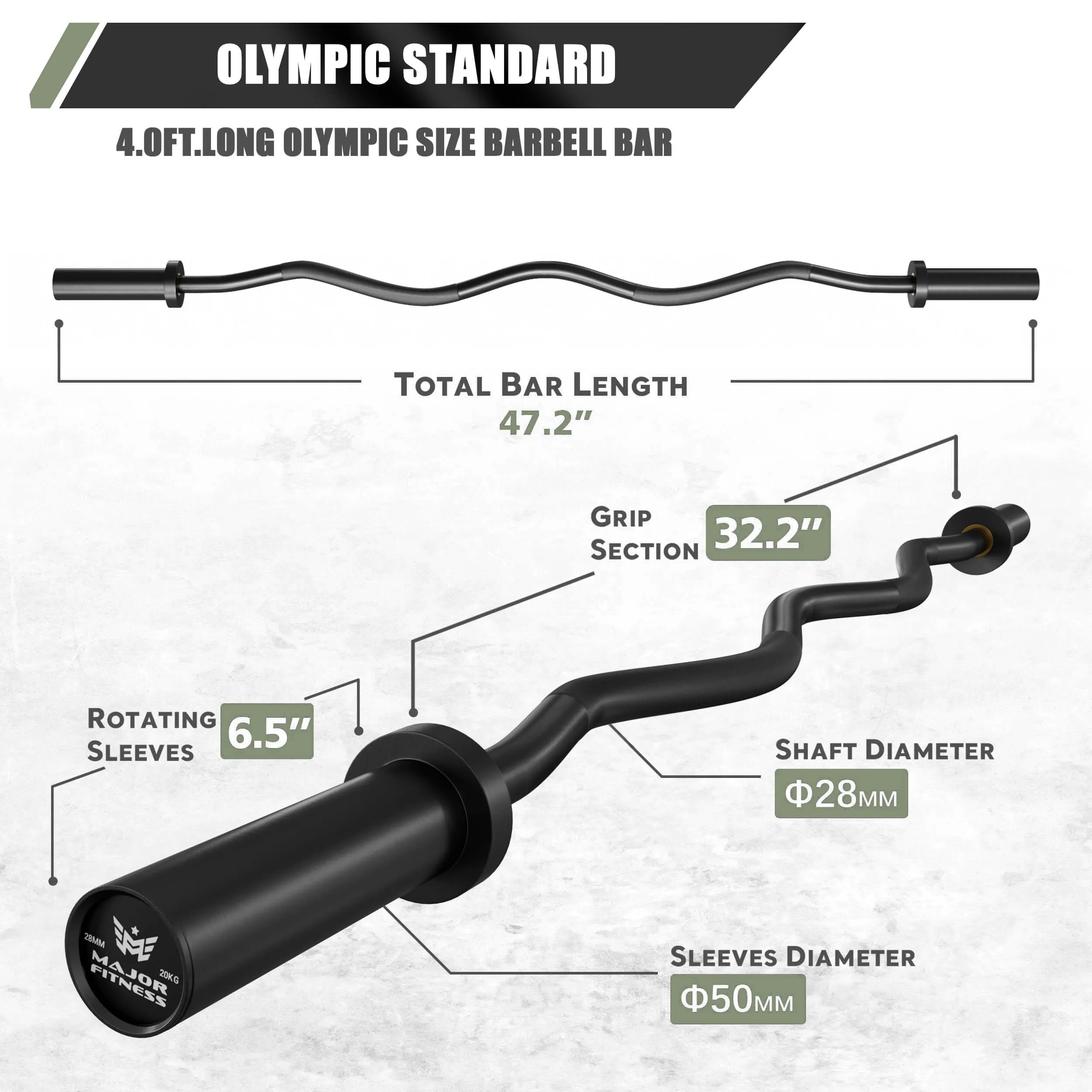 MAJOR FITNESS 4ft Olympic EZ Curl Barbell