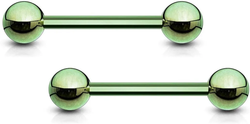 Pair Green Titanium Steel Nipple Barbells Tongue Rings 14g - Choose Your Length