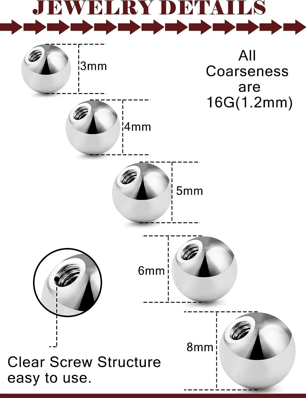 Prjndjw 25Pcs 14G 16G Replacement Balls internal thread & Externally Threaded Surgical Steel Balls Industrial Barbell Tongue Nipple Belly Button Eyebrow Rook Piercing Rings Parts 3MM-8MM