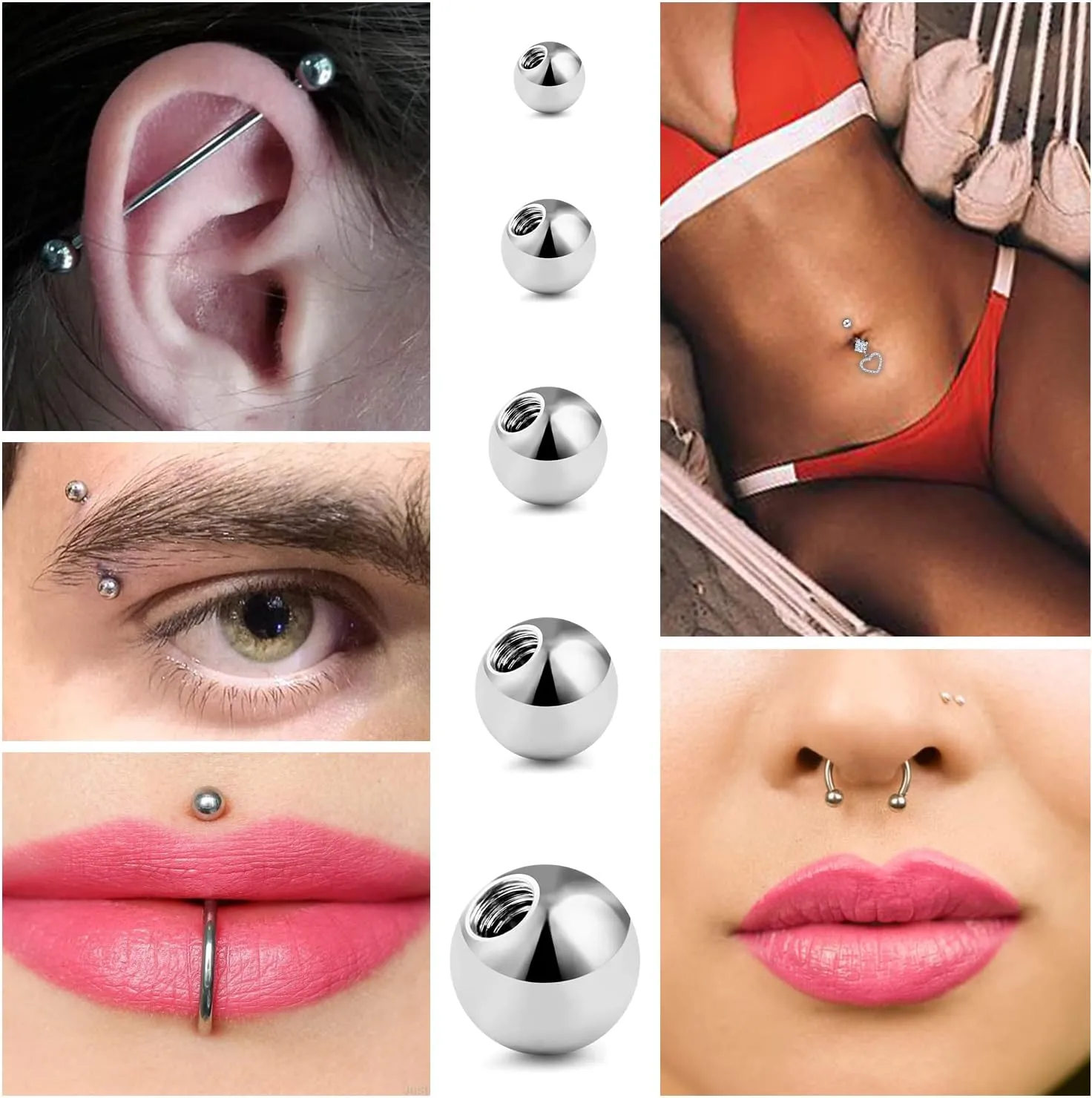 Prjndjw 25Pcs 14G 16G Replacement Balls internal thread & Externally Threaded Surgical Steel Balls Industrial Barbell Tongue Nipple Belly Button Eyebrow Rook Piercing Rings Parts 3MM-8MM