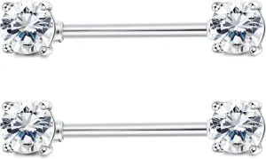Sllaiss 2PCS Sterling Silver Nipple Rings for Women 16G CZ Straight Tongue Rings Barbells Nipple Piercing Jewelry