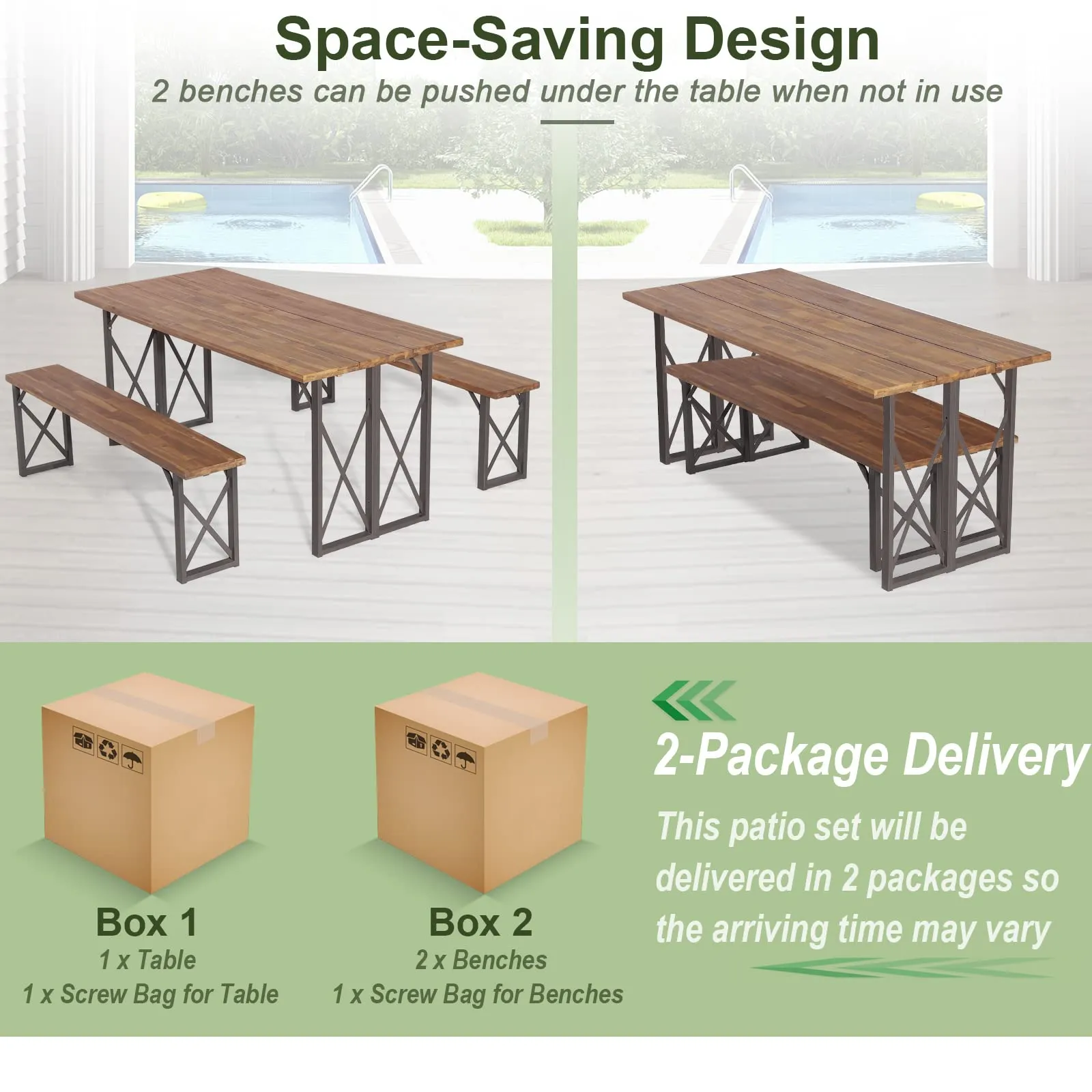 Tangkula 3 Piece Picnic Table Bench Set, Outdoor Acacia Wood Picnic Table with 2 Benches
