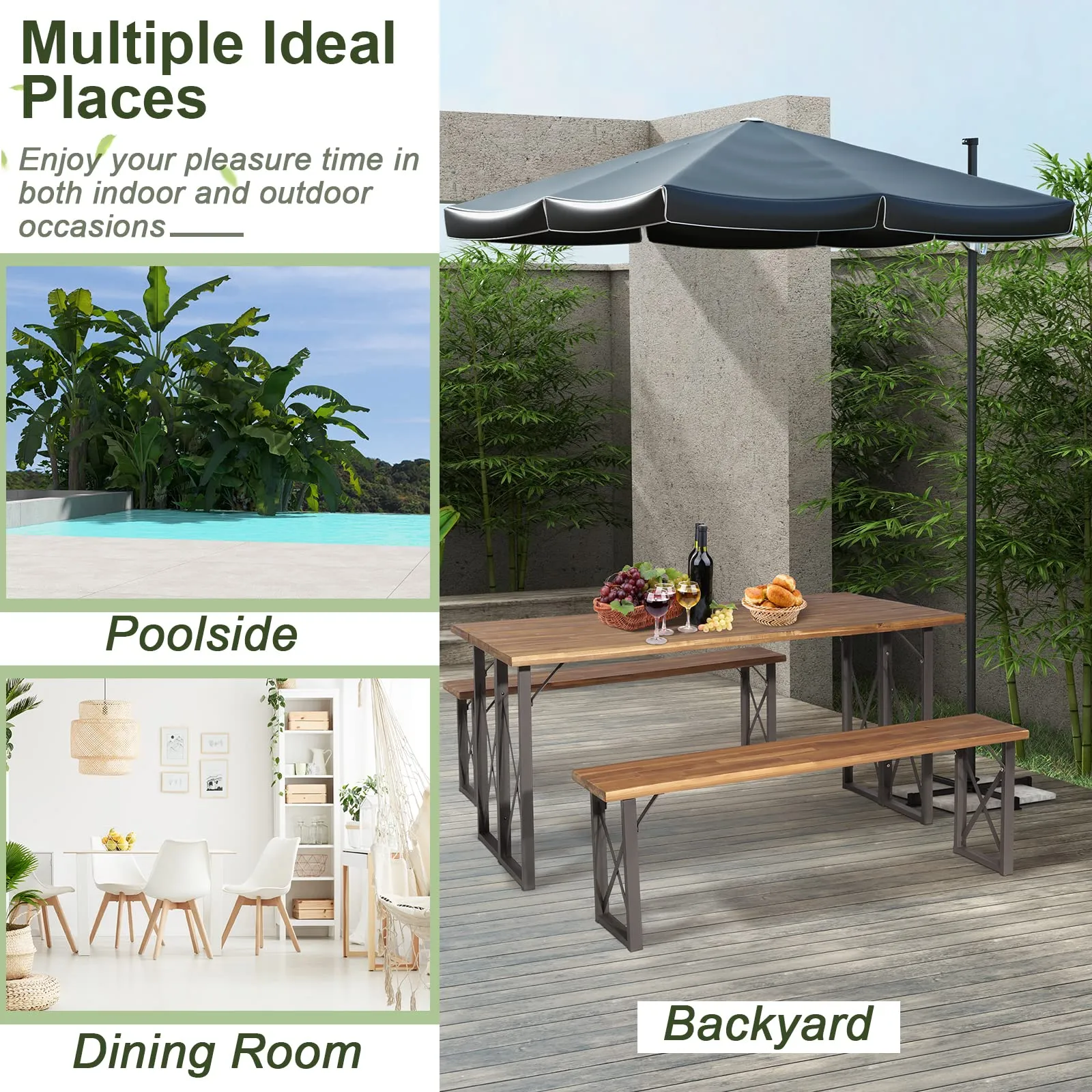 Tangkula 3 Piece Picnic Table Bench Set, Outdoor Acacia Wood Picnic Table with 2 Benches