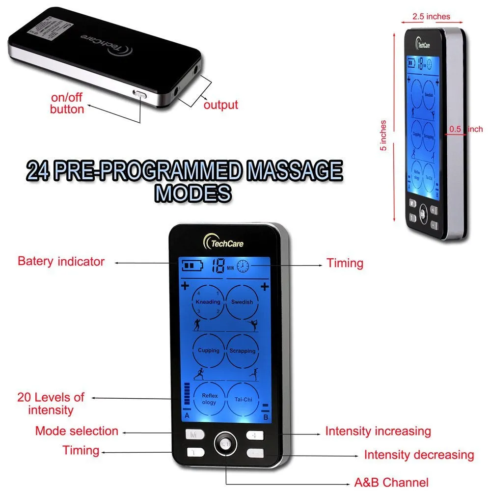 TechCare Plus 24 Modes Tens Unit Muscle Stimulator 24 Massage Modes Dual Channel Electro Therapy Device Rechargeable