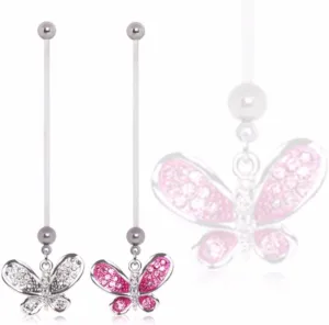 WildKlass Jewelry BioFlex Pregnancy Navel Ring with Multi CZ Butterfly Dangle